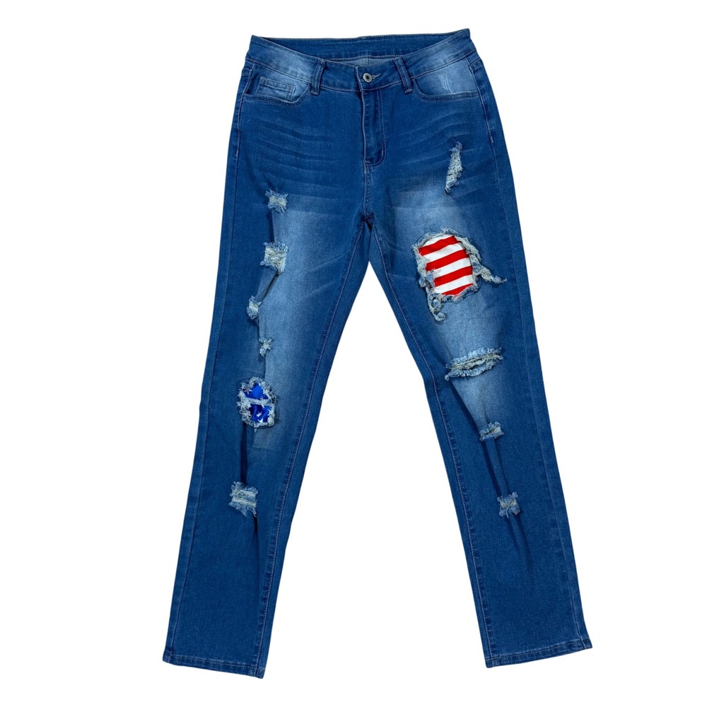Patriotic Distressed USA American Flag Womens M Jeans Slim Fit Stretch Denim